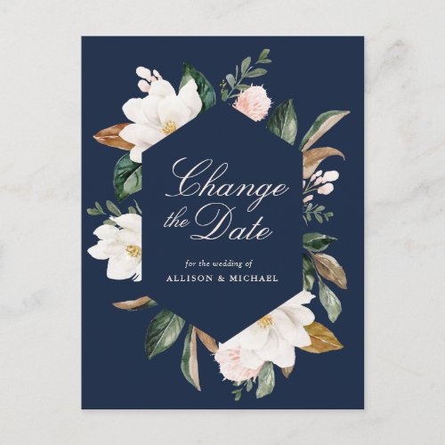 white magnolia floral navy blue change the date postcard