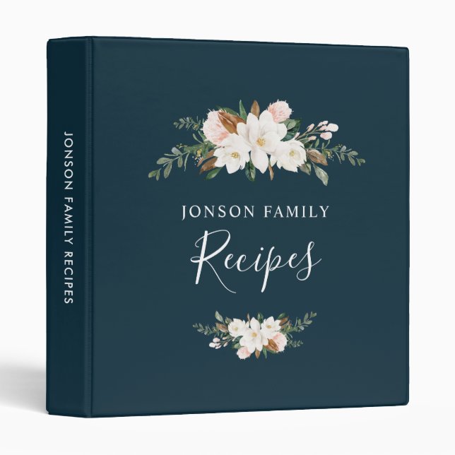 white magnolia floral navy blue family recipes 3 ring binder (Front/Spine)