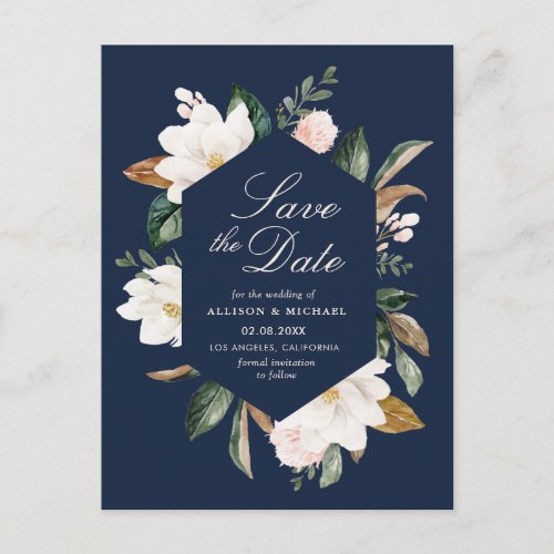 white magnolia floral navy blue save the date postcard