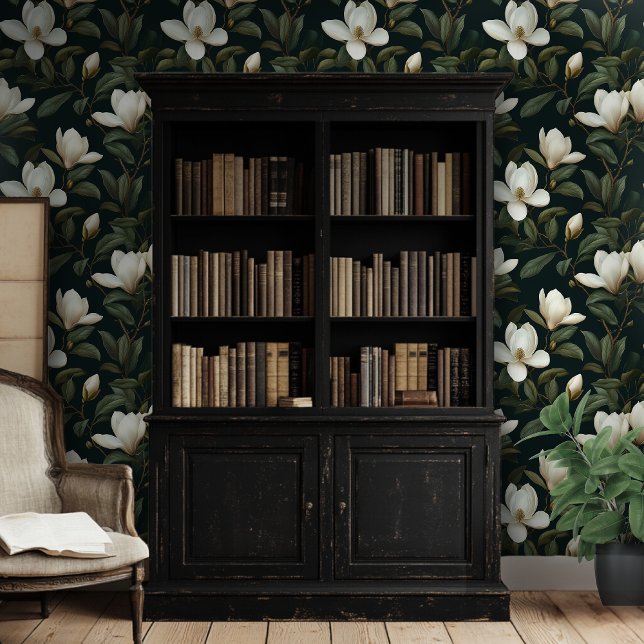 White Magnolia Floral Pattern Black Background Wallpaper (Creator Uploaded)