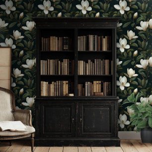White Magnolia Floral Pattern Black Background Wallpaper