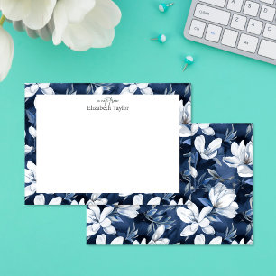 White Magnolia Floral Pattern, dark blue Note Card