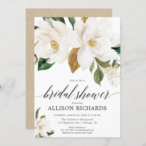 White magnolia floral rustic bridal shower invitation