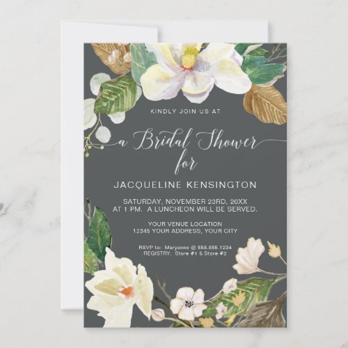 White Magnolia Floral Watercolor Foliage Gray Invitation
