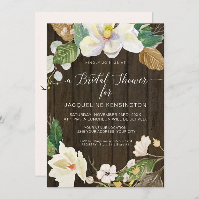 White Magnolia Floral Watercolor Rustic Wood Invitation (Front/Back)