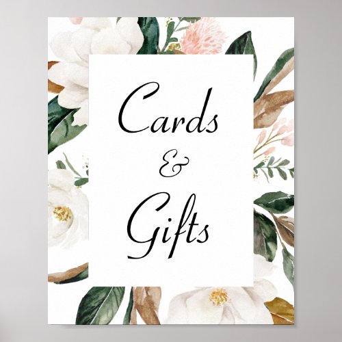 white magnolia floral wedding cards  gifts sign
