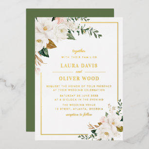 White magnolia floral wedding invitation gold foil invitation