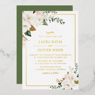 White magnolia floral wedding invitation gold foil invitation