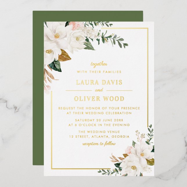 White magnolia floral wedding invitation gold foil invitation (Front/Back)