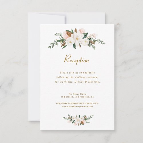 white magnolia floral wedding reception card