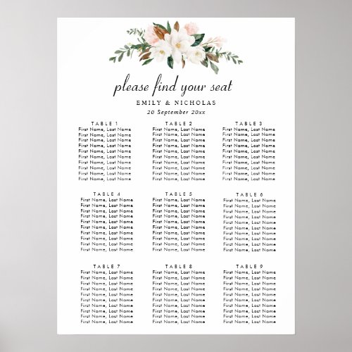 white magnolia floral wedding seating chart