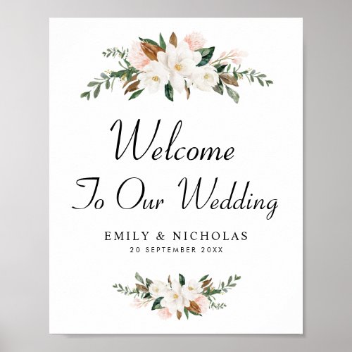 white magnolia floral welcome wedding sign