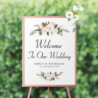 white magnolia floral welcome wedding sign