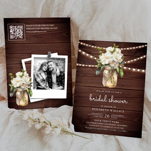 White Magnolia Floral Wood QR Code Bridal Shower Invitation