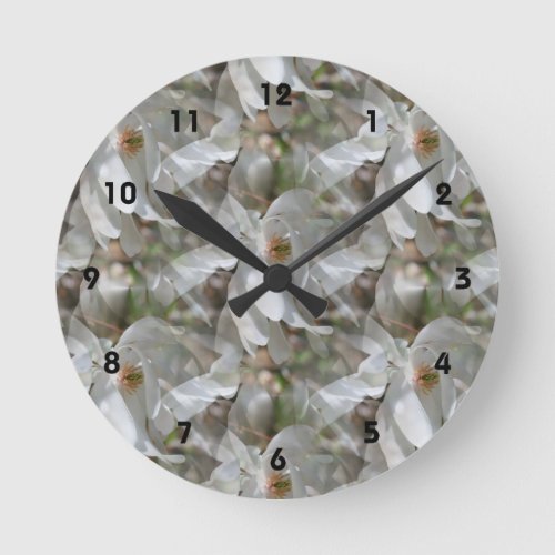 White Magnolia Flower Blossoms Nature Round Clock