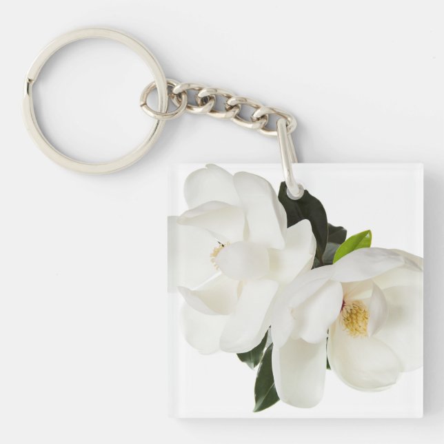 White Magnolia Flower Magnolias Floral Flowers Keychain (Front)