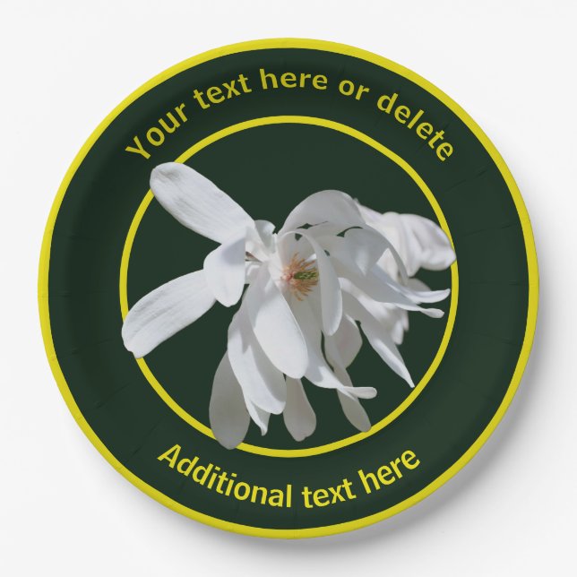 White Magnolia Flower Nature Personalized Party Paper Plates (Front)