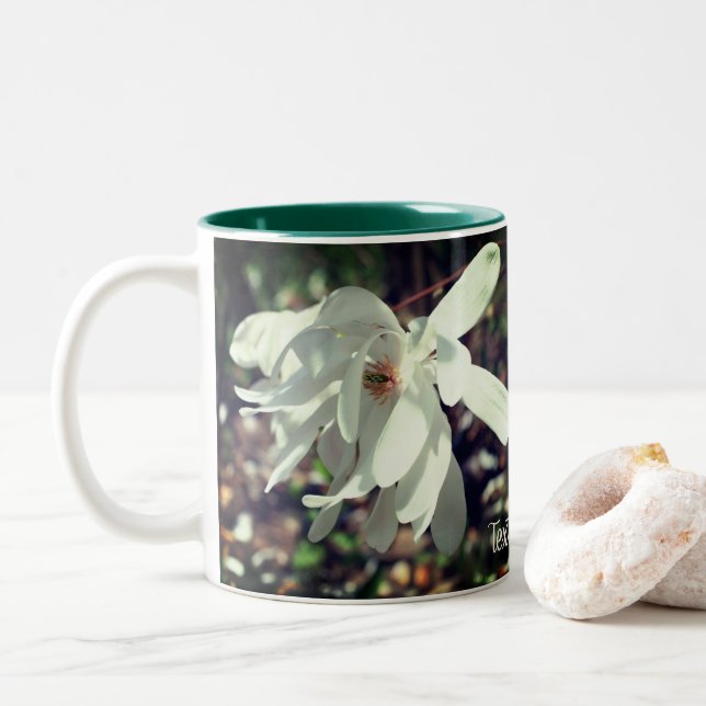 White Magnolia Flower Personalized Two-Tone Coffee Mug (With Donut)