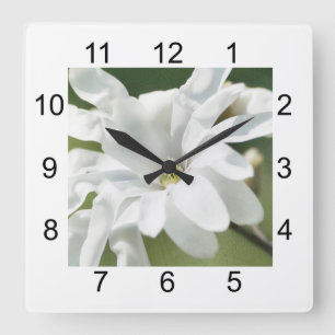 White Magnolia Flower Square Wall Clock