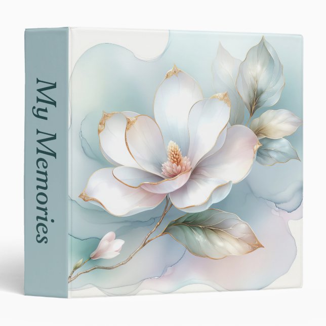 White Magnolia Flower With Gilded Edge 3 Ring Binder (Front/Spine)