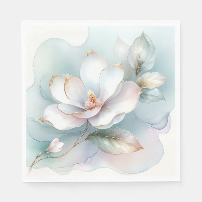 White Magnolia Flower With Gilded Edge Napkins (Front)