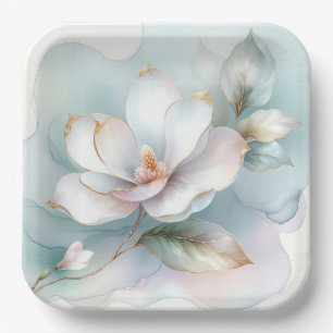 White Magnolia Flower With Gilded Edge Paper Plates
