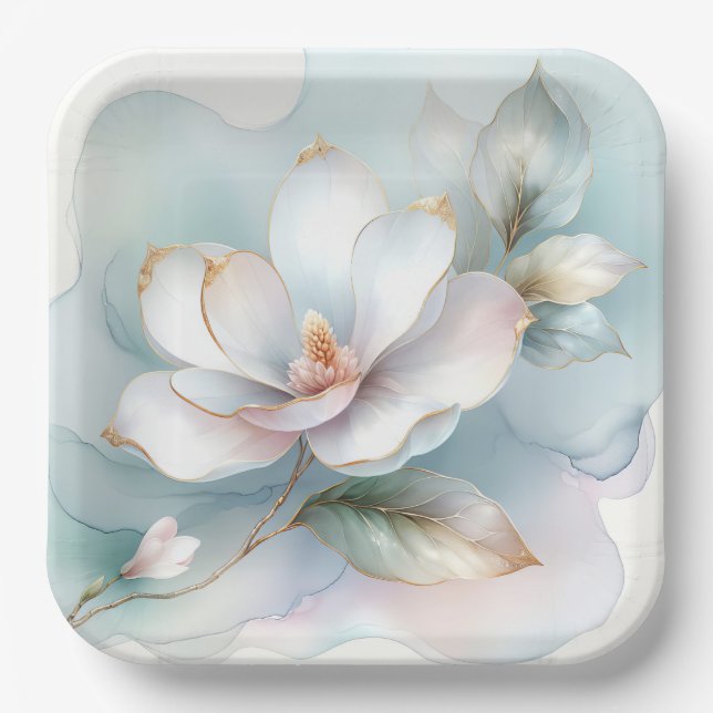 White Magnolia Flower With Gilded Edge Paper Plates (Front)