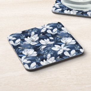 White Magnolia Flowers, Blue Background Beverage Coaster