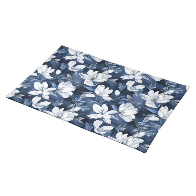 White Magnolia Flowers, Blue Background Cloth Placemat (On Table)