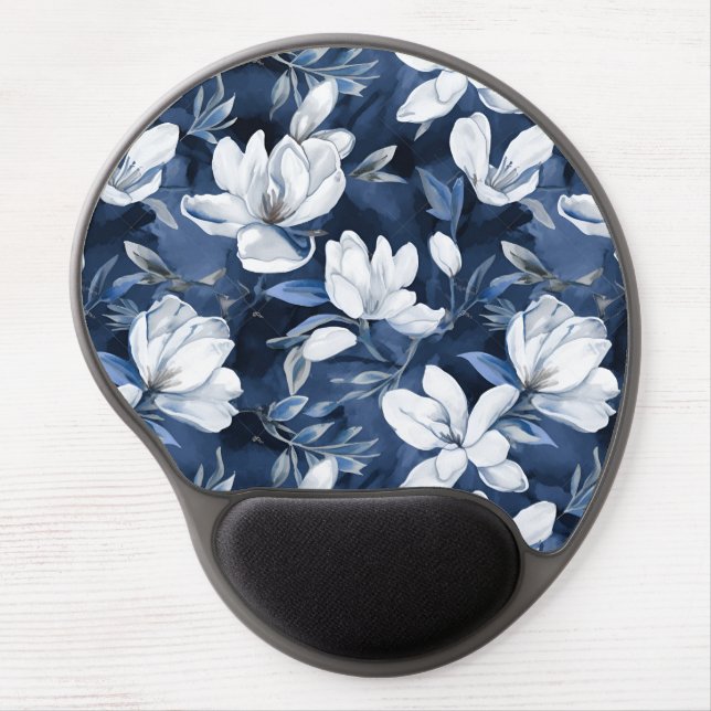 White Magnolia Flowers, Blue Background Gel Mouse Pad (Front)