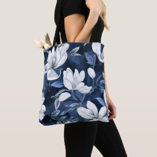 White Magnolia Flowers, Blue Background Tote Bag