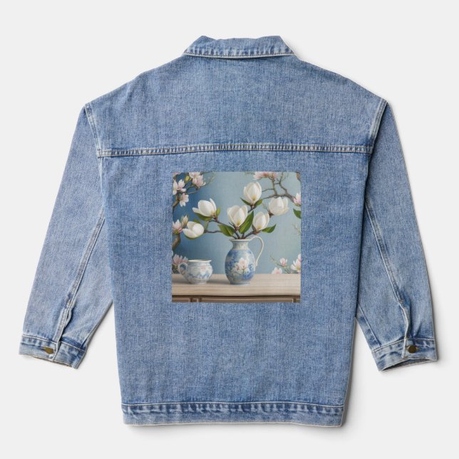 White Magnolia Flowers Denim Jacket (Back)
