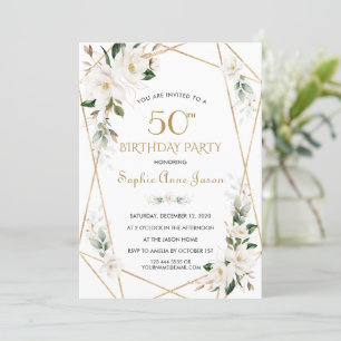 White Magnolia Flowers Gold 50th Birthday Invitation