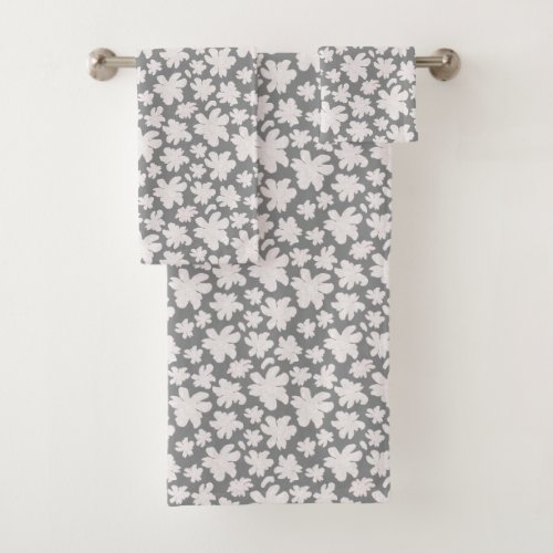 White Magnolia Flowers on Gray _ seamless pattern Bath Towel Set