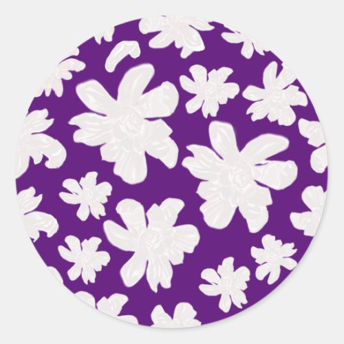 White Magnolia Flowers on Purple_ seamless pattern Classic Round Sticker