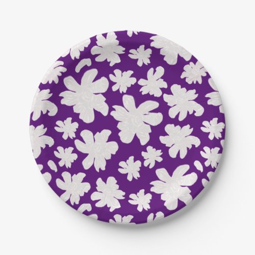 White Magnolia Flowers on Purple_ seamless pattern Paper Plates