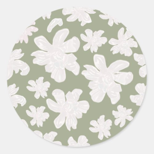 White Magnolia Flowers on Sage _ seamless pattern Classic Round Sticker