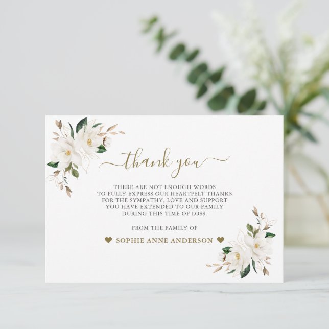 White Magnolia Flowers Photo In Loving Memory  Thank You Card (Standing Front)