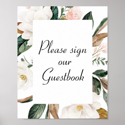 white magnolia flpwers wedding guestbook sign
