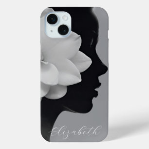 White Magnolia Girl Silhouette Monochromatic iPhone 15 Plus Case