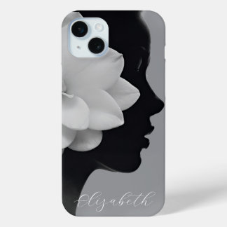White Magnolia Girl Silhouette Monochromatic iPhone 15 Plus Case