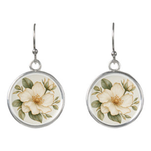 White Magnolia Gold Botanical Design Earrings