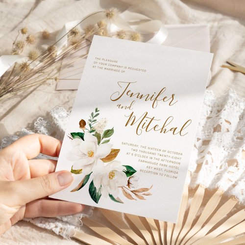  White Magnolia  Gold Floral Minimal Wedding Invitation