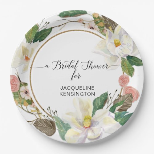 White Magnolia Gold Pink Floral Watercolor Leaves Paper Plates