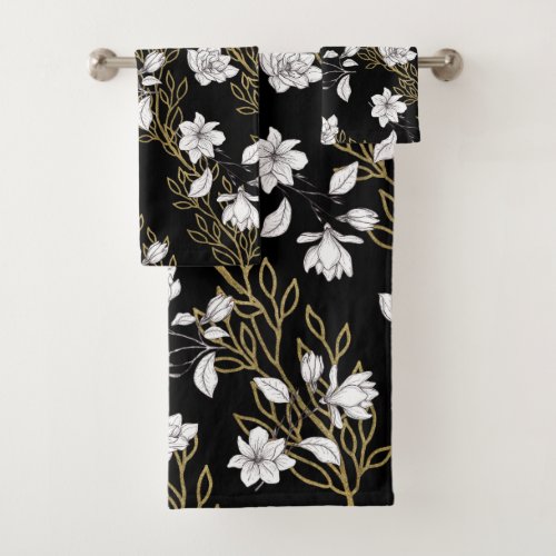 White Magnolia Gold Vines Black Bath Towel Set