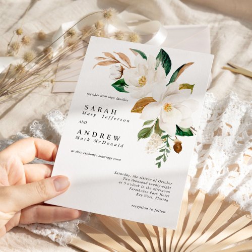 White Magnolia  Green Leaves Modern Wedding Invitation