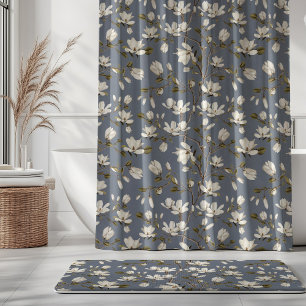 White Magnolia Grove on Slate Blue Elegant Floral Shower Curtain