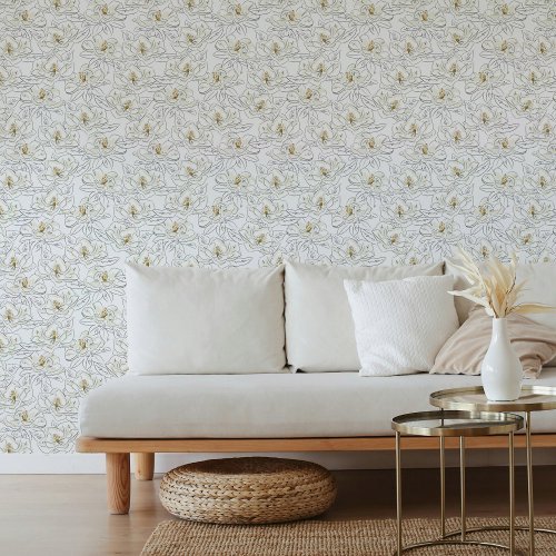 White Magnolia Hand_Drawn Southern Floral Wallpaper