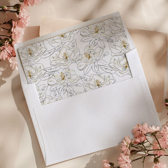 White Magnolia Illustrated Pattern Envelope Liner (White magnolia pattern wedding envelope liner.)