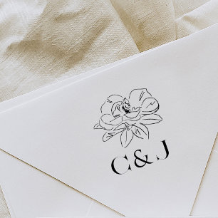 White Magnolia Illustration Custom Initials Rubber Stamp